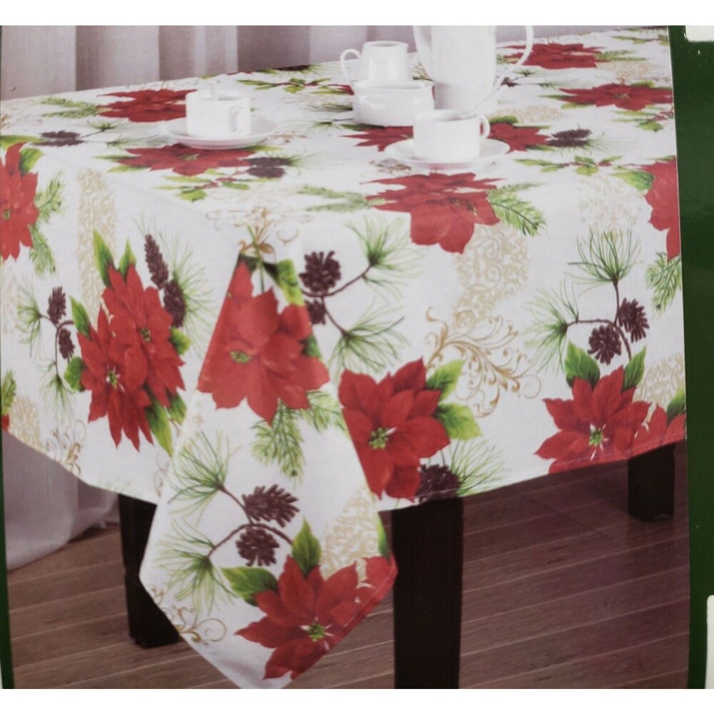 Printed Linen Tablecloth 60"x104" Oblong,CHRISTMAS FLOWERS POINSETTIA, BELLE, AL